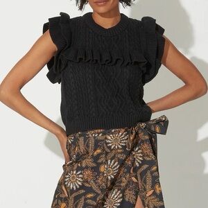 Cleobella Zofia Black Cable Knit Ruffle Sweater Vest XS Organic Cotton